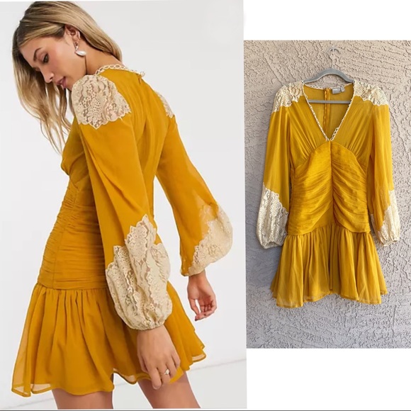 ASOS Mustard Yellow Saffron Chiffon Boho Lace Crochet Ruched Mini Dress - Picture 2 of 13